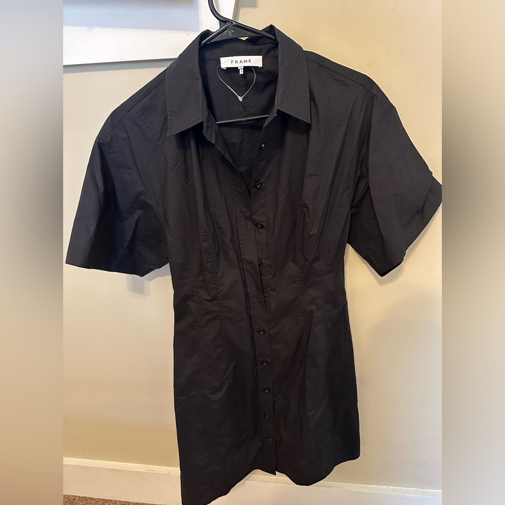 Frame Black Short Sleeve Organic Cotton Seam Detail Shirt Dress Button Up